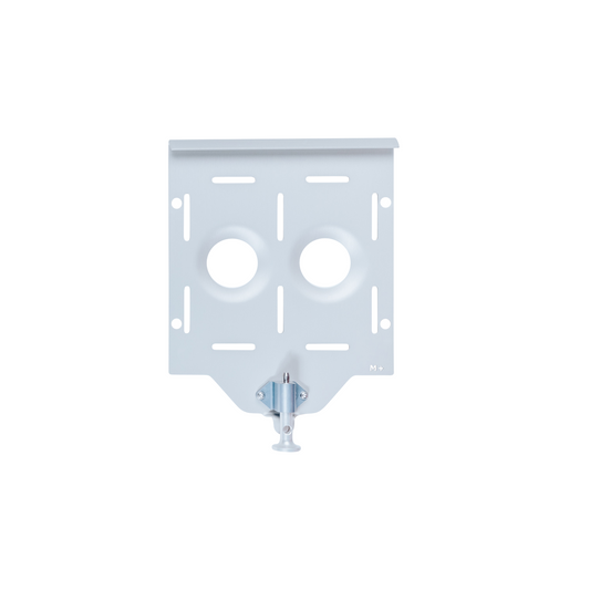 Silver aluminum base plate with dual circular cutouts and quick-release latch at bottom center.