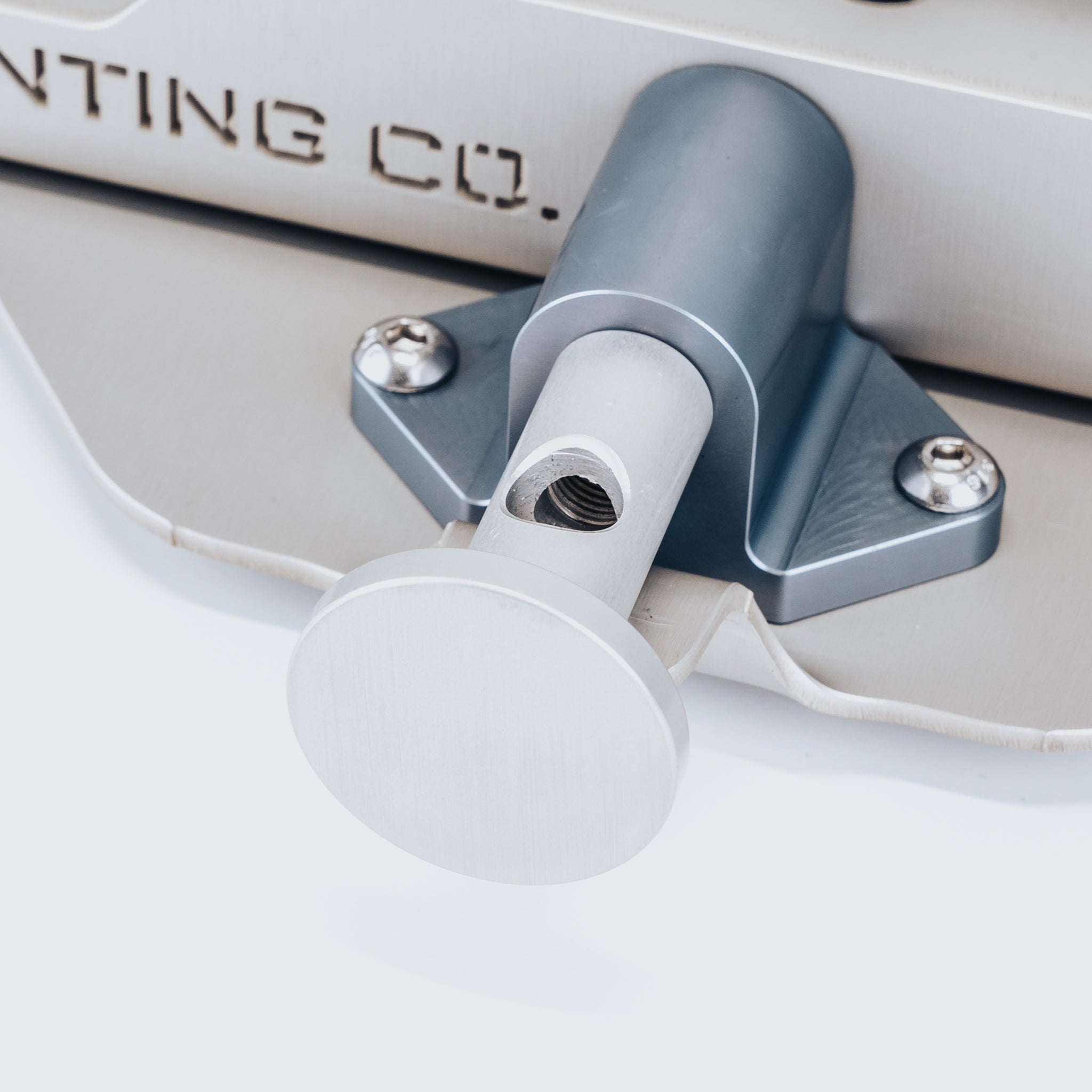 Medium-sized silver aluminum mount with cylindrical pivot and two mounting screws.