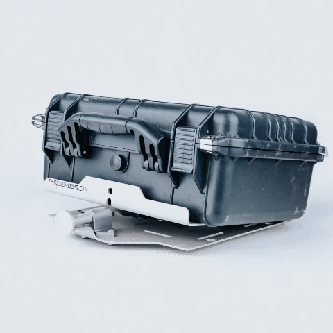 Black rugged large mount case with aluminum quick-release base plate and secure latches.