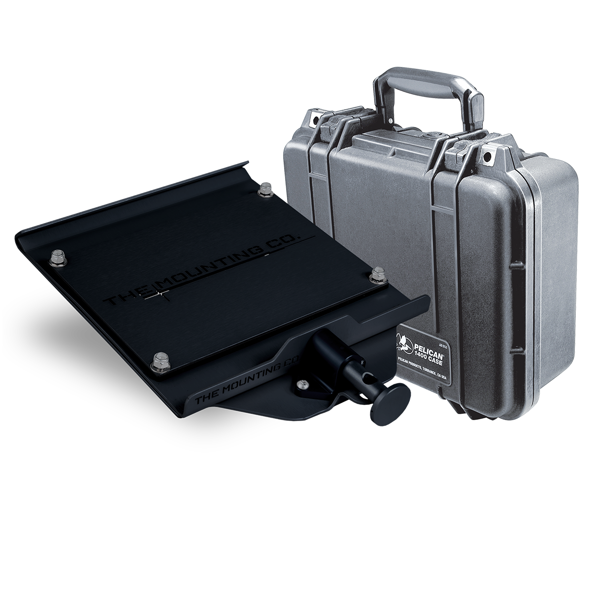 Medium gray Pelican Protector 1400 case with black heavy-duty mounting bracket bundle.