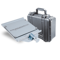 Load image into Gallery viewer, Gray metal medium mount plate with a small locking mechanism next to a closed black Pelican Protector 1400 hard case with.
