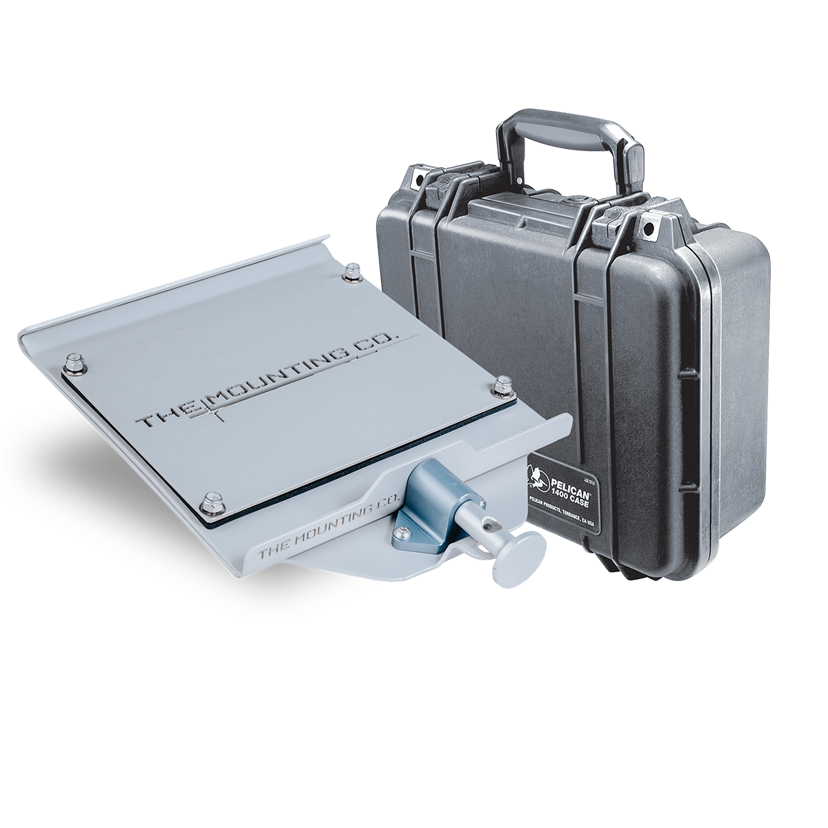 Gray metal medium mount plate with a small locking mechanism next to a closed black Pelican Protector 1400 hard case with.