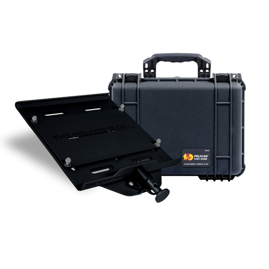 Black Pelican Protector 1450 hard case with hinged handle and molded latches, shown closed and open with mounting plate.