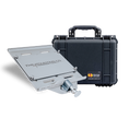 Load image into Gallery viewer, Black Pelican Protector 1450 case with sturdy handle and silver metal mounting bracket attached.
