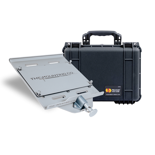Black Pelican Protector 1450 case with sturdy handle and silver metal mounting bracket attached.