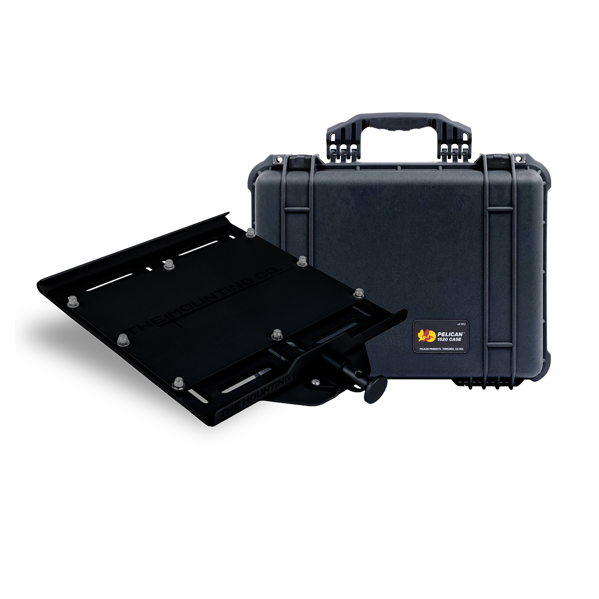 Black hard shell Pelican Protector 1520 case with large mount bundle accessories.