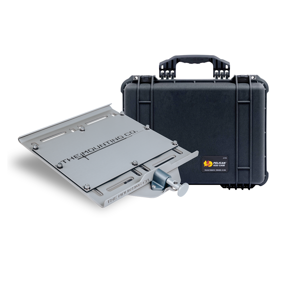 Black hard Pelican Protector 1520 case with large silver metal mounting plate and clamp bundle.