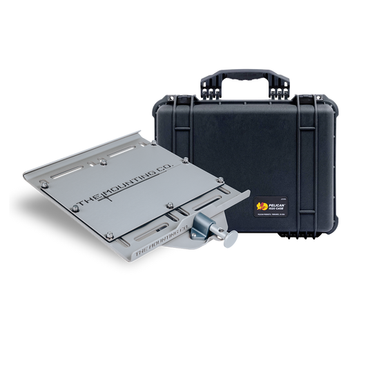 Black hard Pelican Protector 1520 case with large silver metal mounting plate and clamp bundle.
