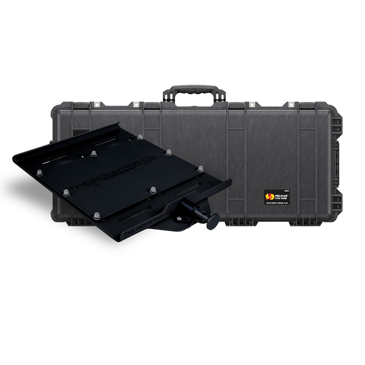 Black heavy-duty XL mount bracket with Pelican Protector 1700 long case in black behind it.
