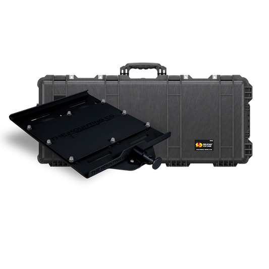 Black heavy-duty XL mount bracket with Pelican Protector 1700 long case in black behind it.