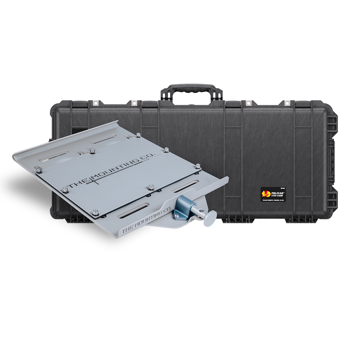 Black hard-shell Pelican Protector 1700 case with XL silver mounting plate and locking mechanism.