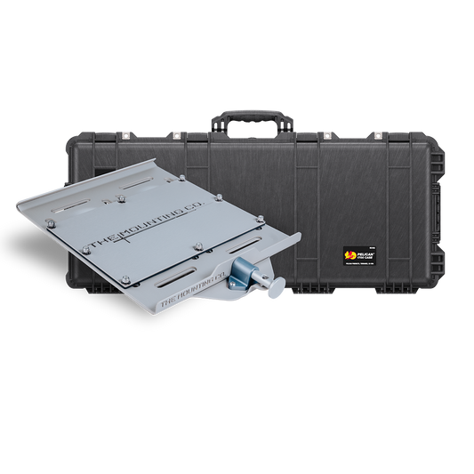 Black hard-shell Pelican Protector 1700 case with XL silver mounting plate and locking mechanism.