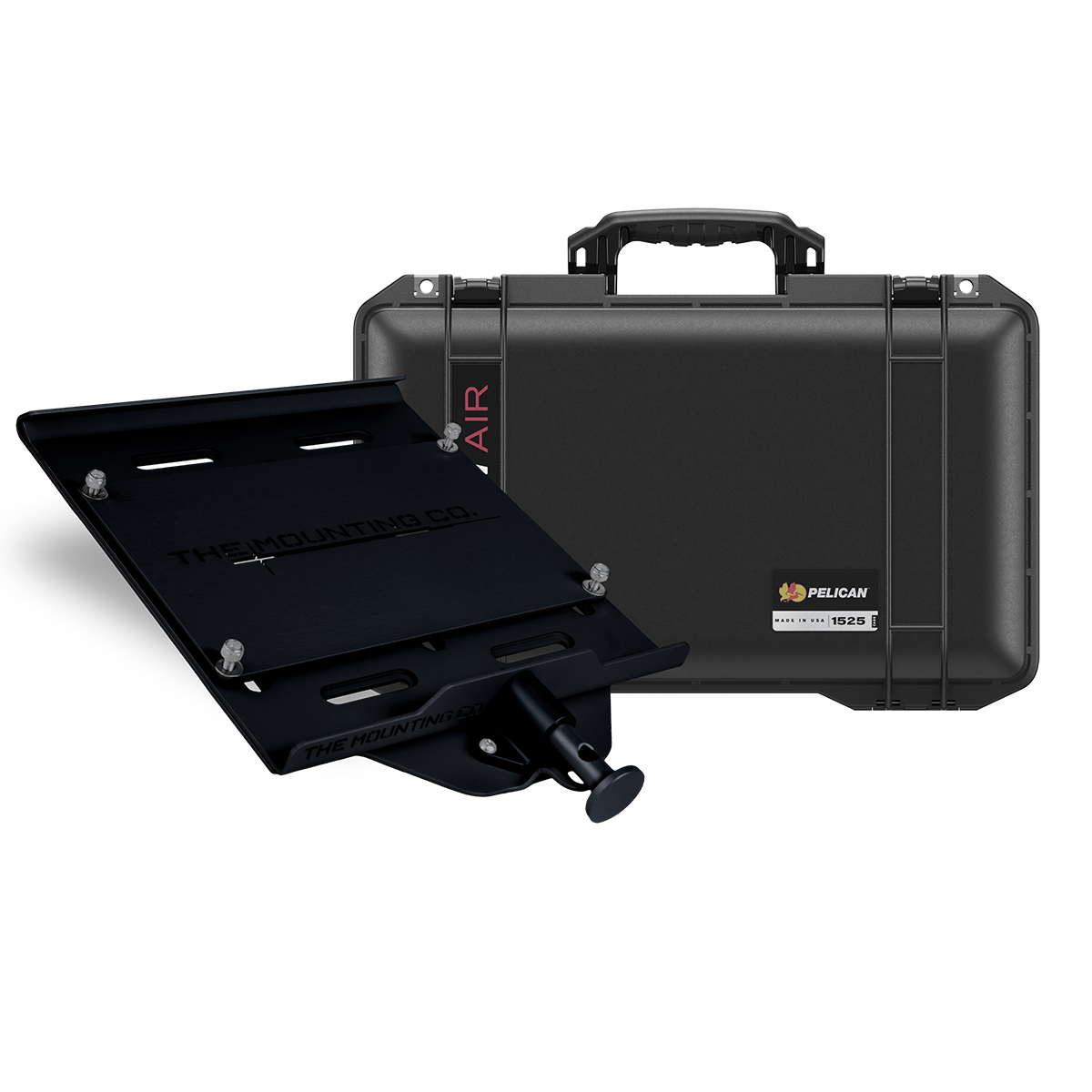 Black hard Pelican Air 1525 case with a black metal medium mount attached, featuring multiple slots and a tightening knob.