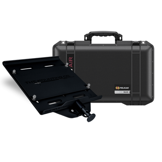 Black hard Pelican Air 1525 case with a black metal medium mount attached, featuring multiple slots and a tightening knob.