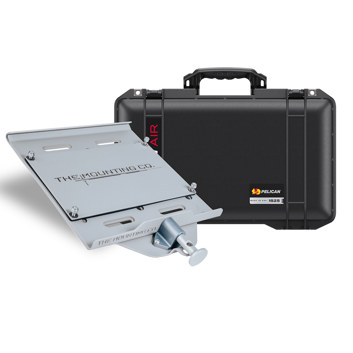 Black Pelican Air 1525 protective case with gray adjustable mounting bracket accessory.