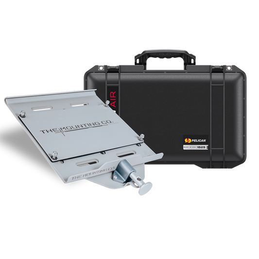 Black Pelican Air 1525 protective case with gray adjustable mounting bracket accessory.