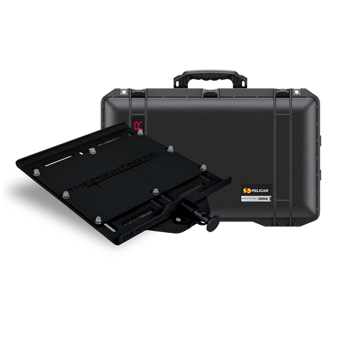 Black hard protective case with handle and separate black mounting plate with bolts and latch mechanism.