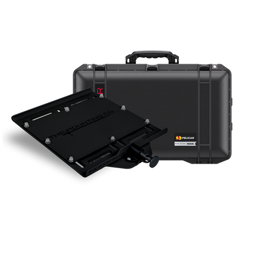 Black hard protective case with handle and separate black mounting plate with bolts and latch mechanism.