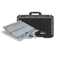 Load image into Gallery viewer, Black hard shell Pelican Air 1555 case with large gray mounting bracket and silver lock mechanism bundle.
