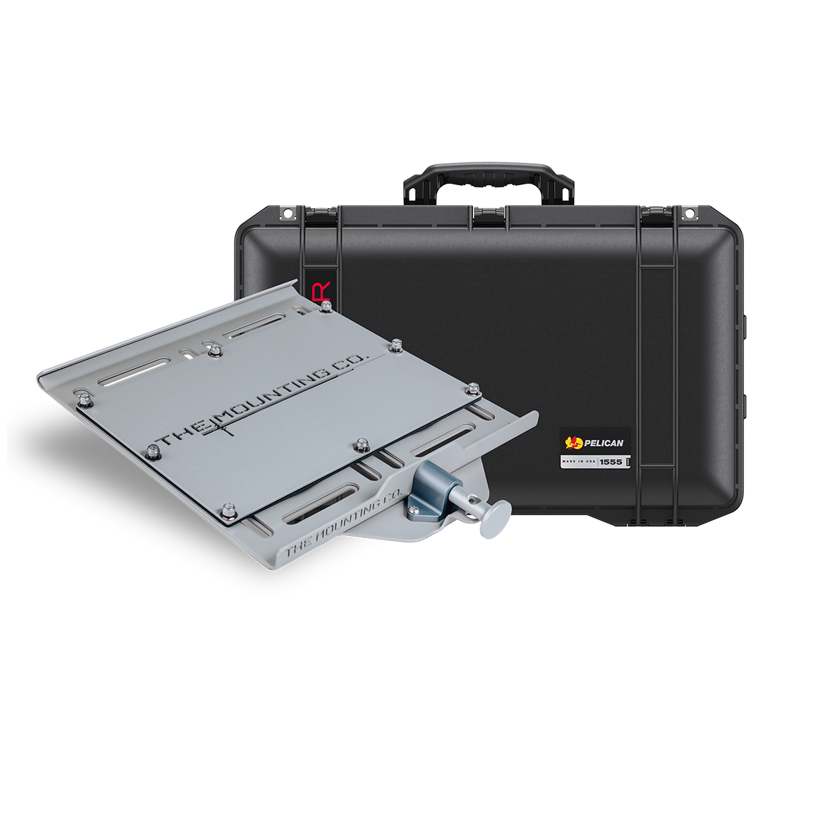 Black hard shell Pelican Air 1555 case with large gray mounting bracket and silver lock mechanism bundle.