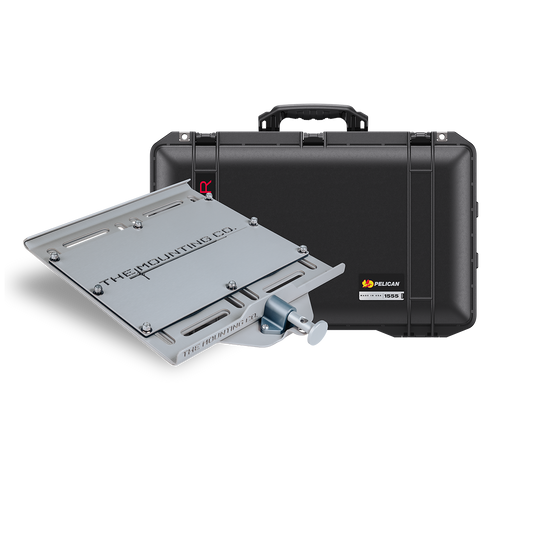 Black hard shell Pelican Air 1555 case with large gray mounting bracket and silver lock mechanism bundle.