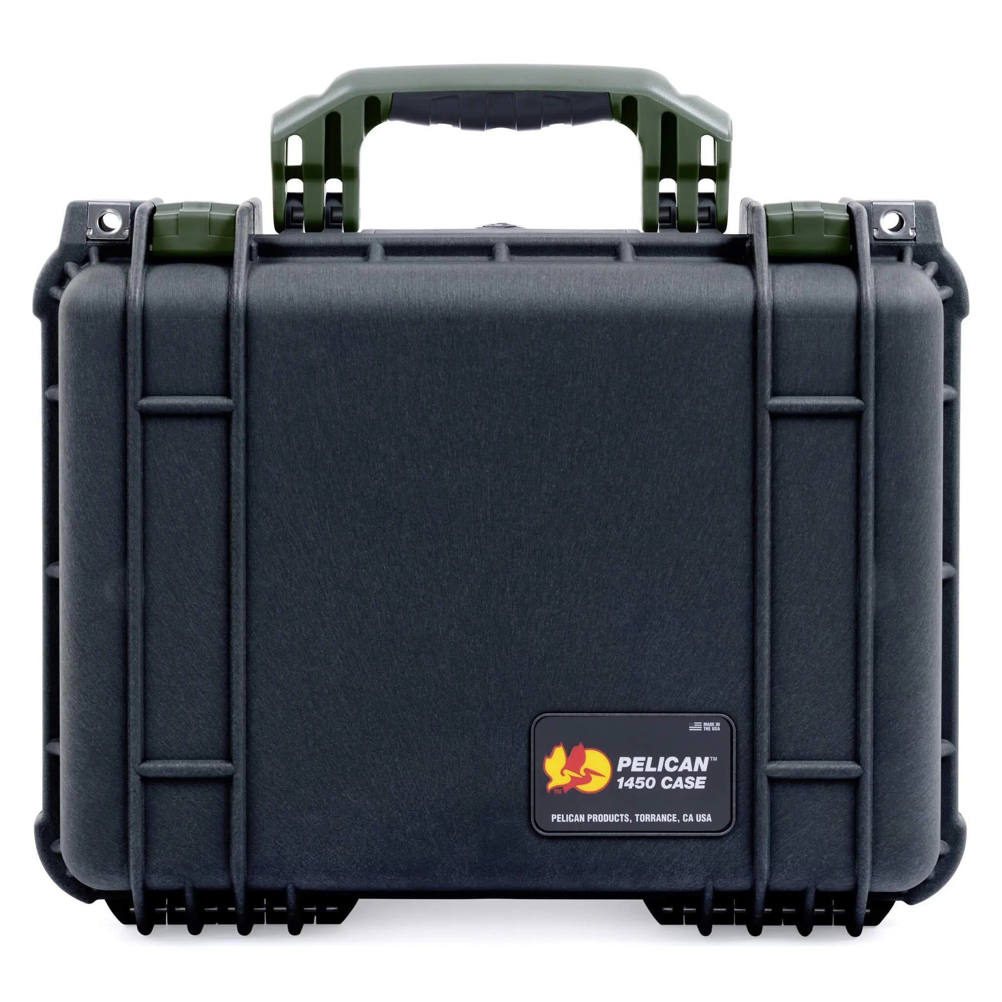 Black Pelican Protector 1450 hard case with green handle and secure latch closures.