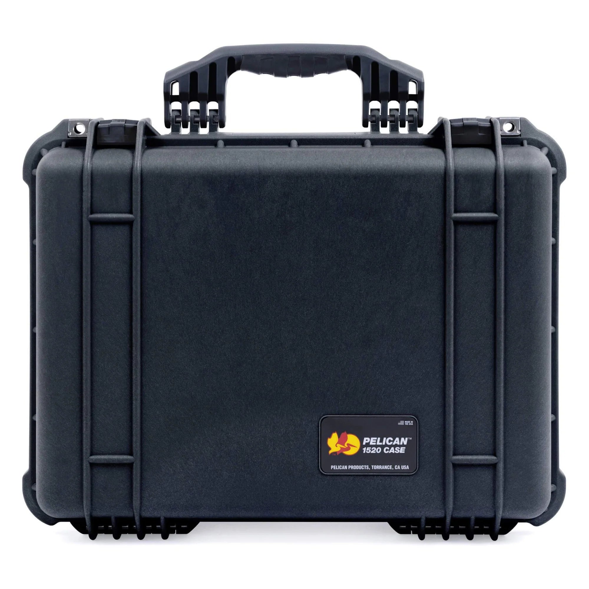 Black hard-shell protective case with sturdy handle and reinforced corners.
