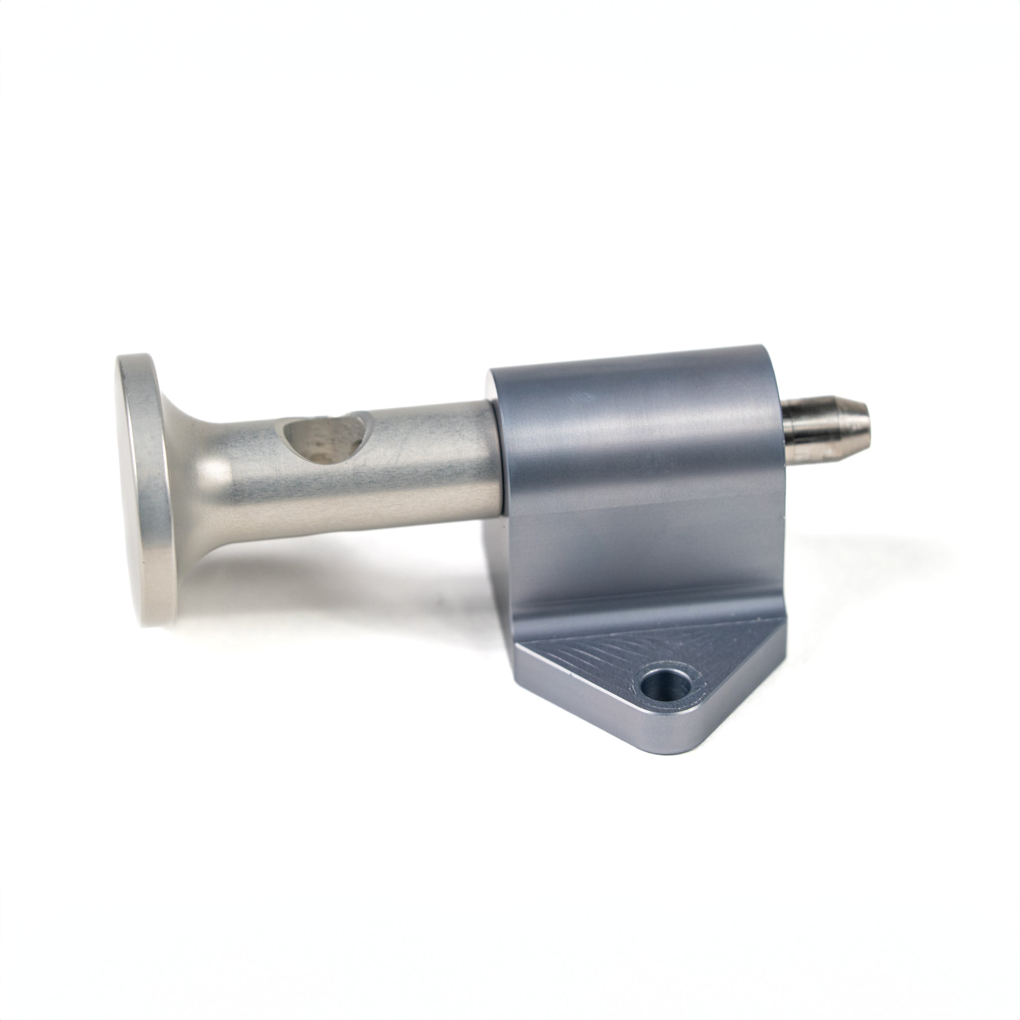 Silver metal pin with cylindrical block mount and slotted screw end on white background.
