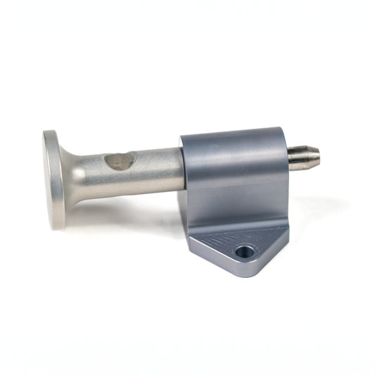 Silver metal pin with cylindrical block mount and slotted screw end on white background.