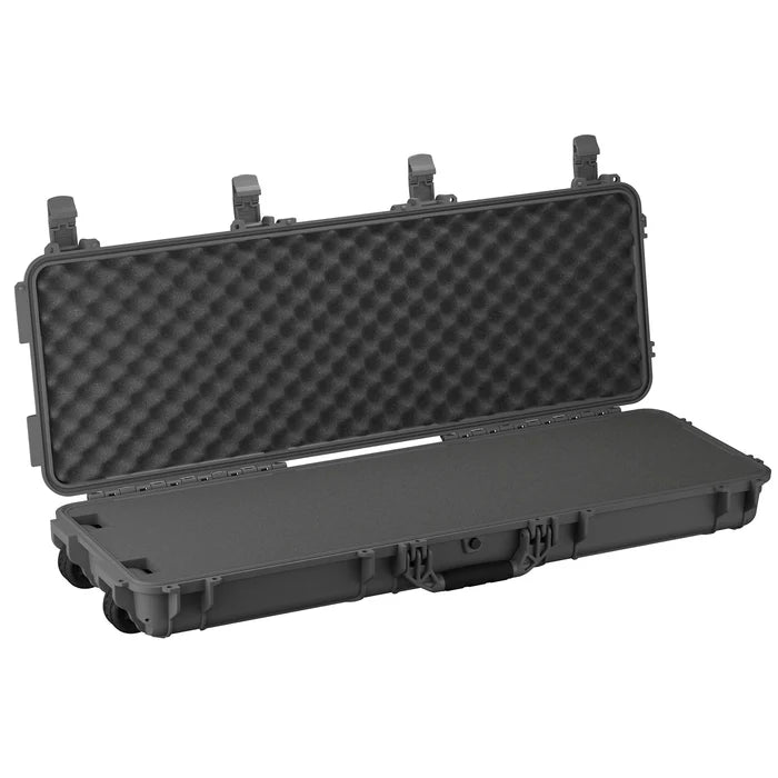 Black hard protective rifle case with foam-padded interior and secure latches, open view.