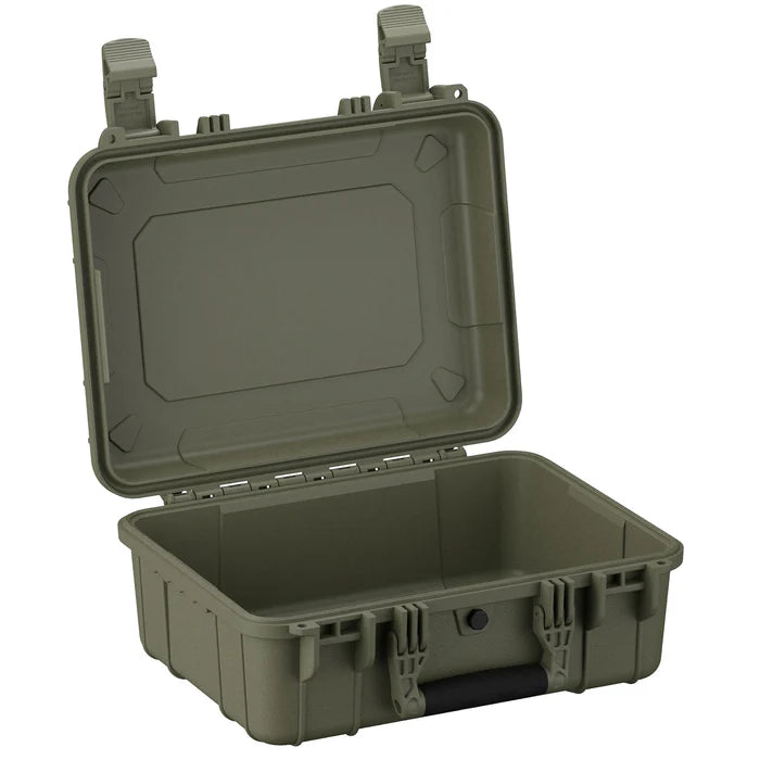 Open durable hard plastic protective case in ranger green with secure latches and molded handle.