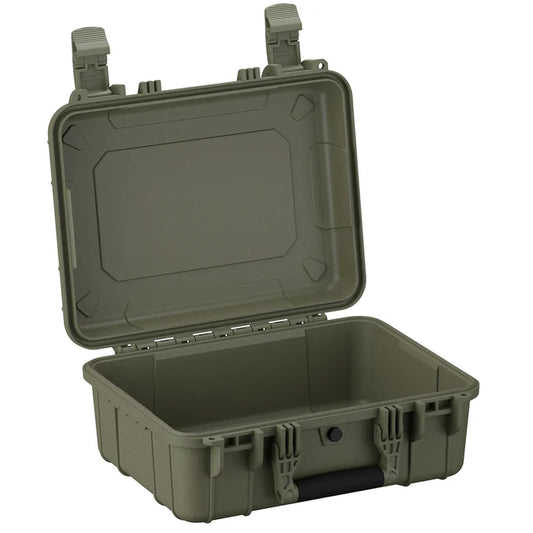 Open durable hard plastic protective case in ranger green with secure latches and molded handle.