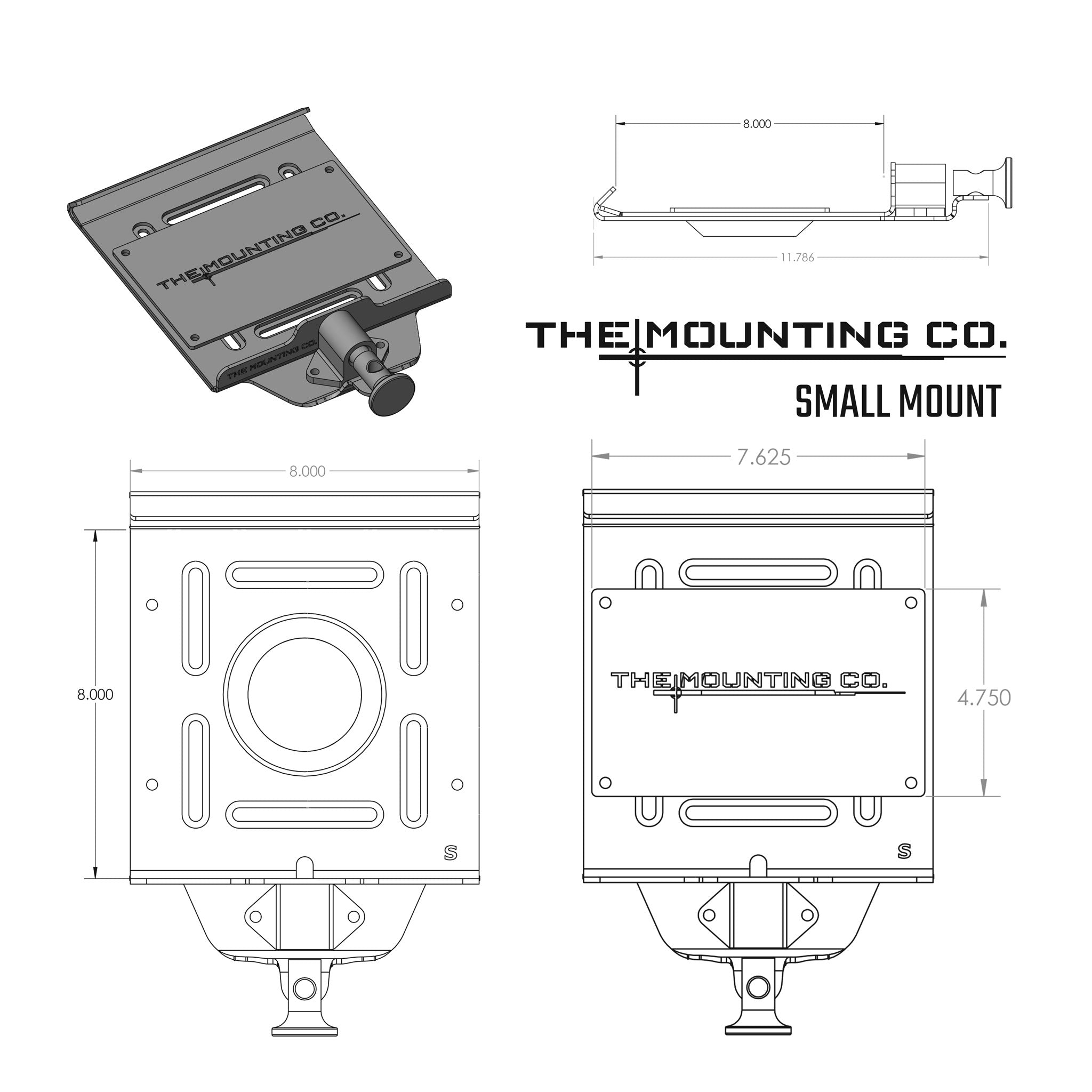 Compact black aluminum mount with quick-release mechanism and multiple mounting holes, technical drawing details included.