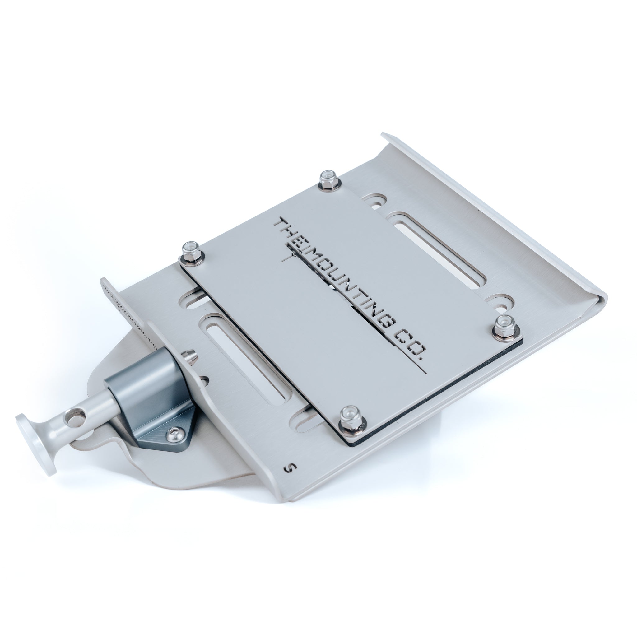 Silver aluminum small mount with quick-release lever and engraved logo on flat plate.