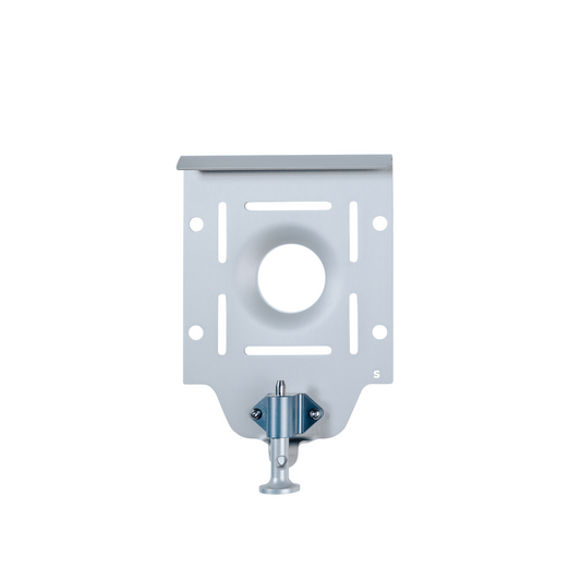 Silver aluminum small base plate with multiple mounting slots and a quick-release pin at the bottom.