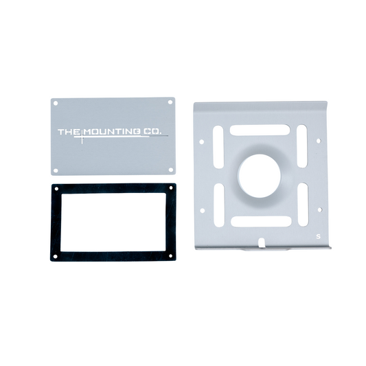 Three-piece small mount plate set with silver aluminum base, white adapter plate, and black rectangular frame.