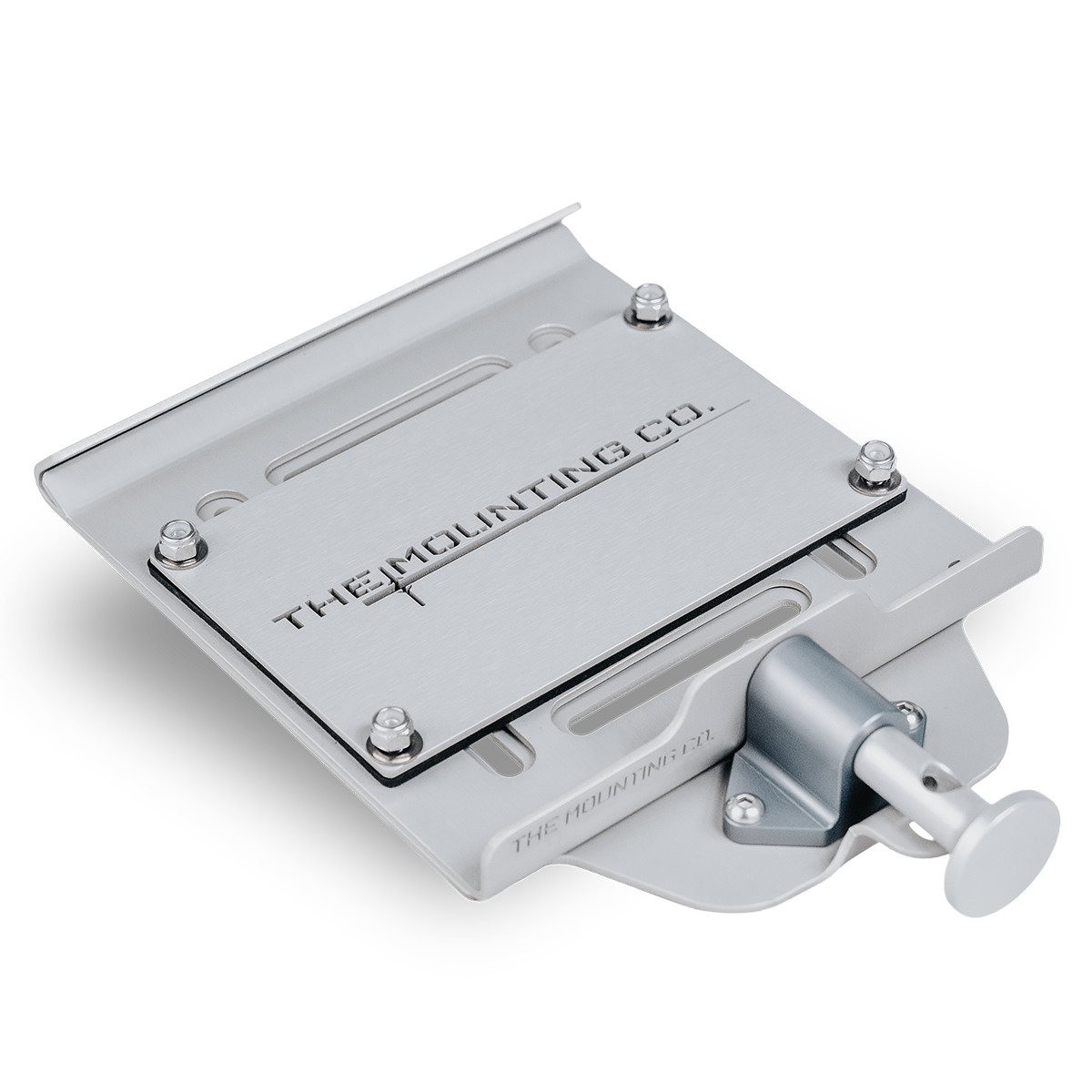 Silver aluminum small mount with quick-release knob and "THE MOUNTING CO." engraving.