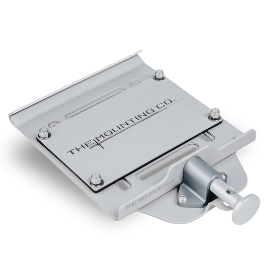 Silver aluminum small mount with quick-release knob and "THE MOUNTING CO." engraving.