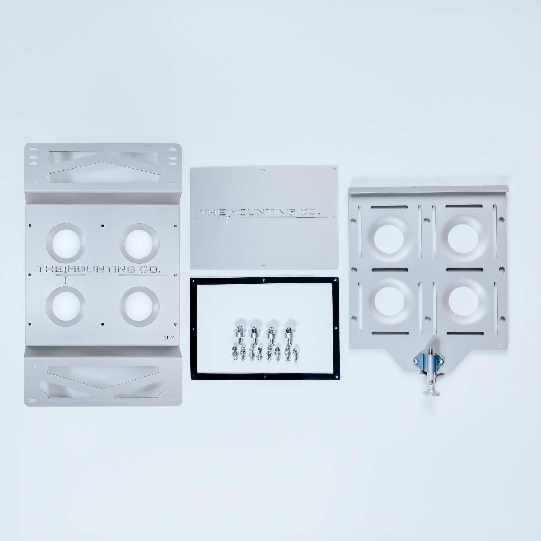 Aluminum TMC Starlink Mount kit with multiple mounting plates and quick release hardware on white background.