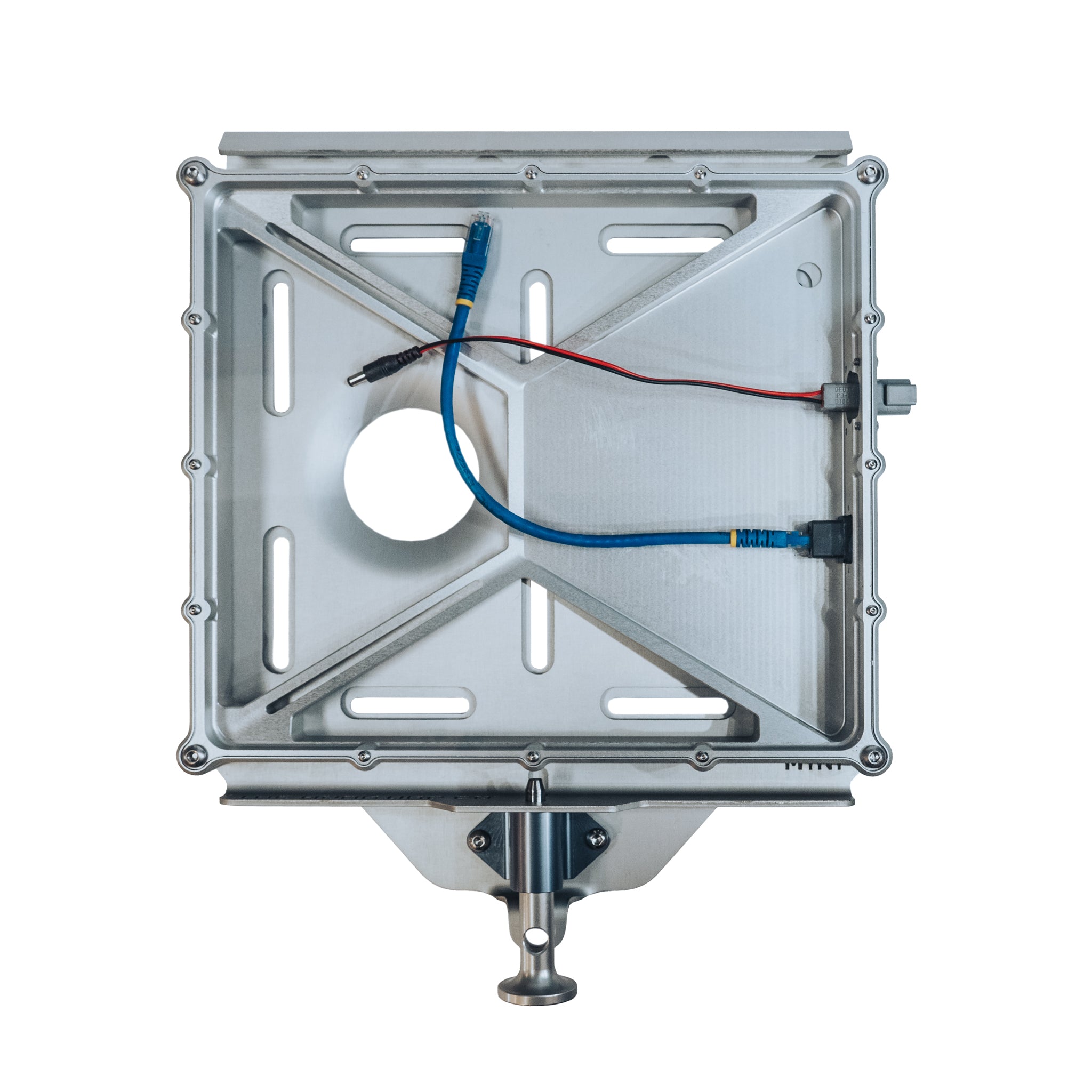 Metal Starlink Mini mount with adjustable joints and attached blue and red wires.