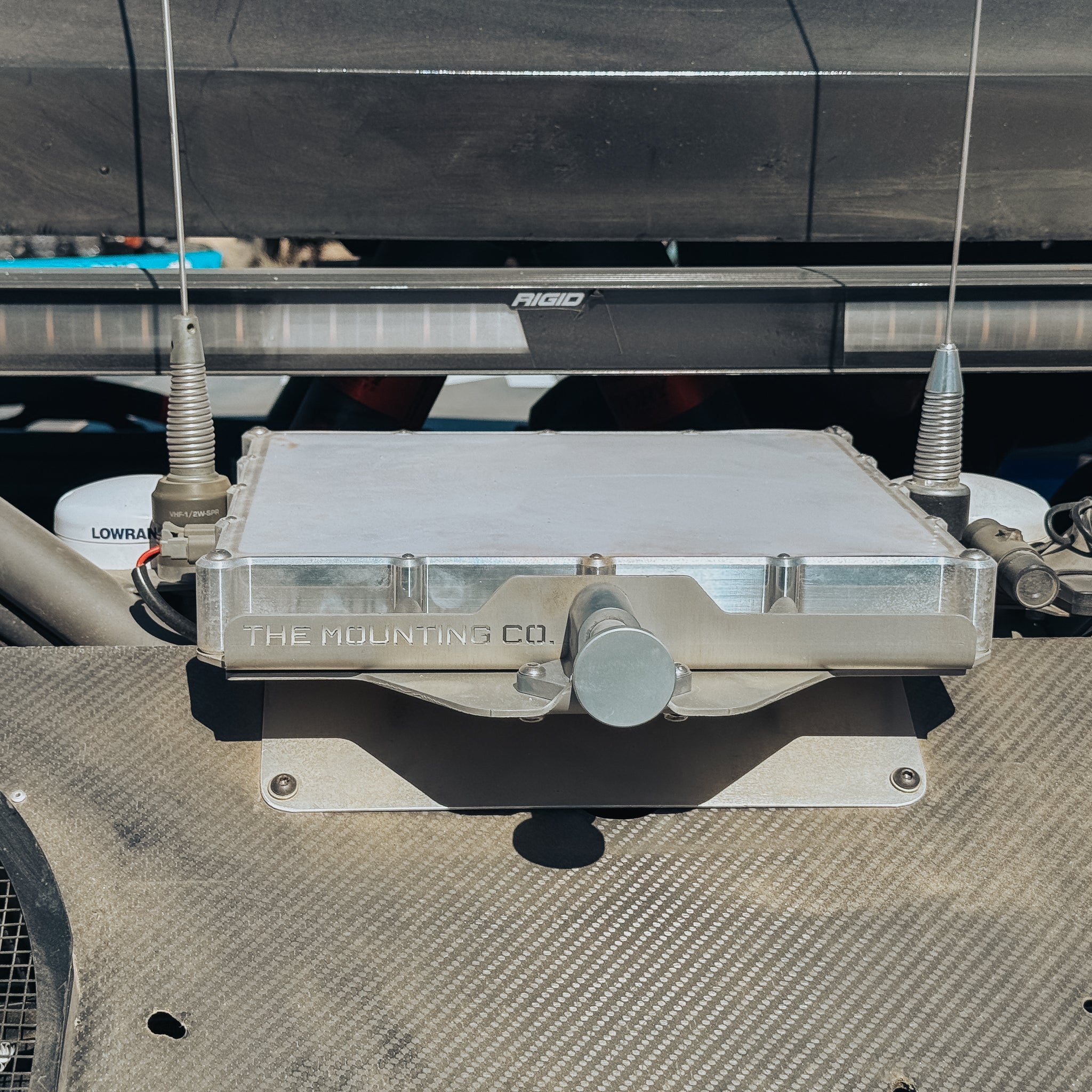 Compact metal Starlink Mini mount with dual antenna connectors and sturdy base plate.