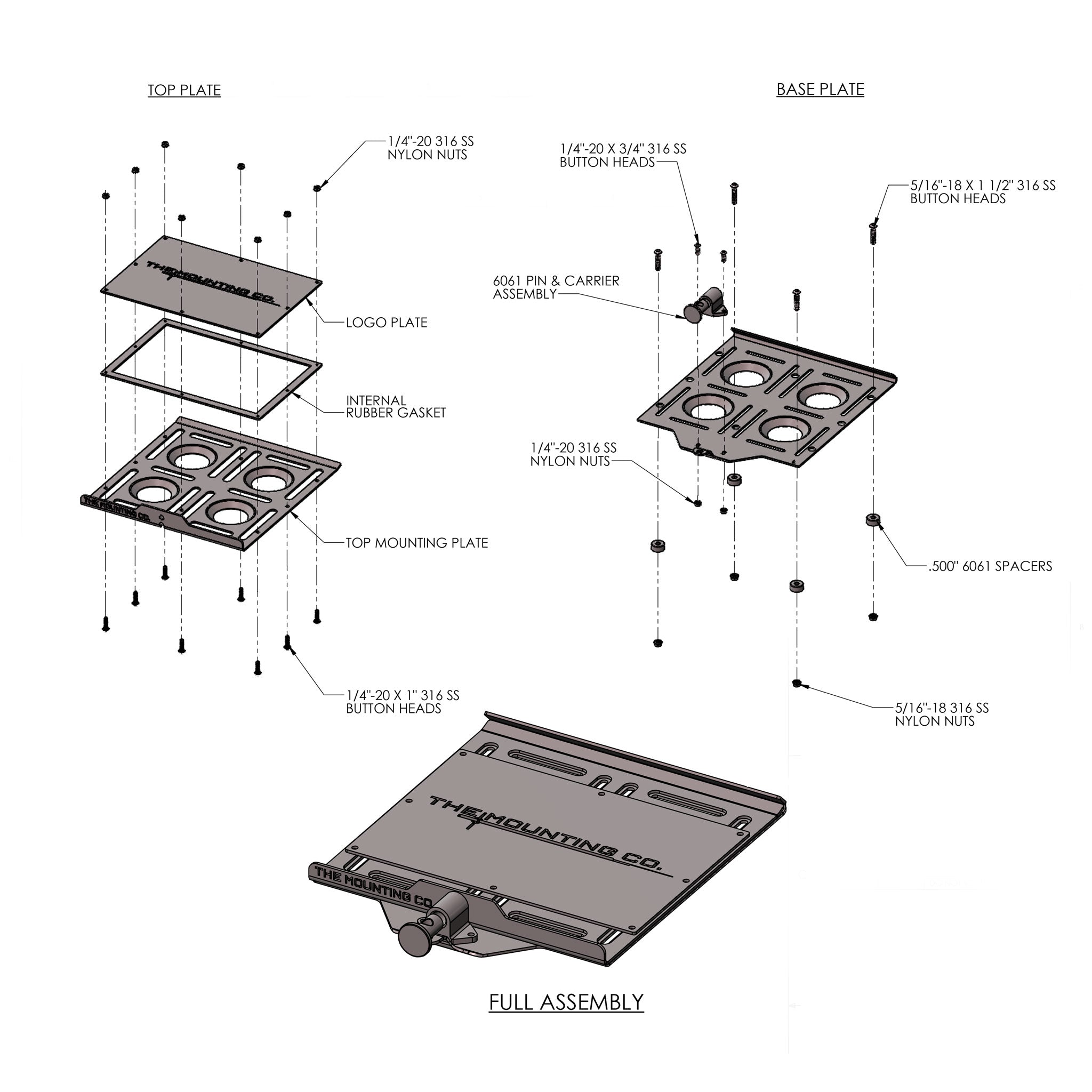 Exploded view diagram of aluminum Medium+ Mount with labeled components and full assembly illustration.