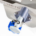 Load image into Gallery viewer, Aluminum pin and block assembly with quick-release blue locking knob and stainless steel mounting plate.
