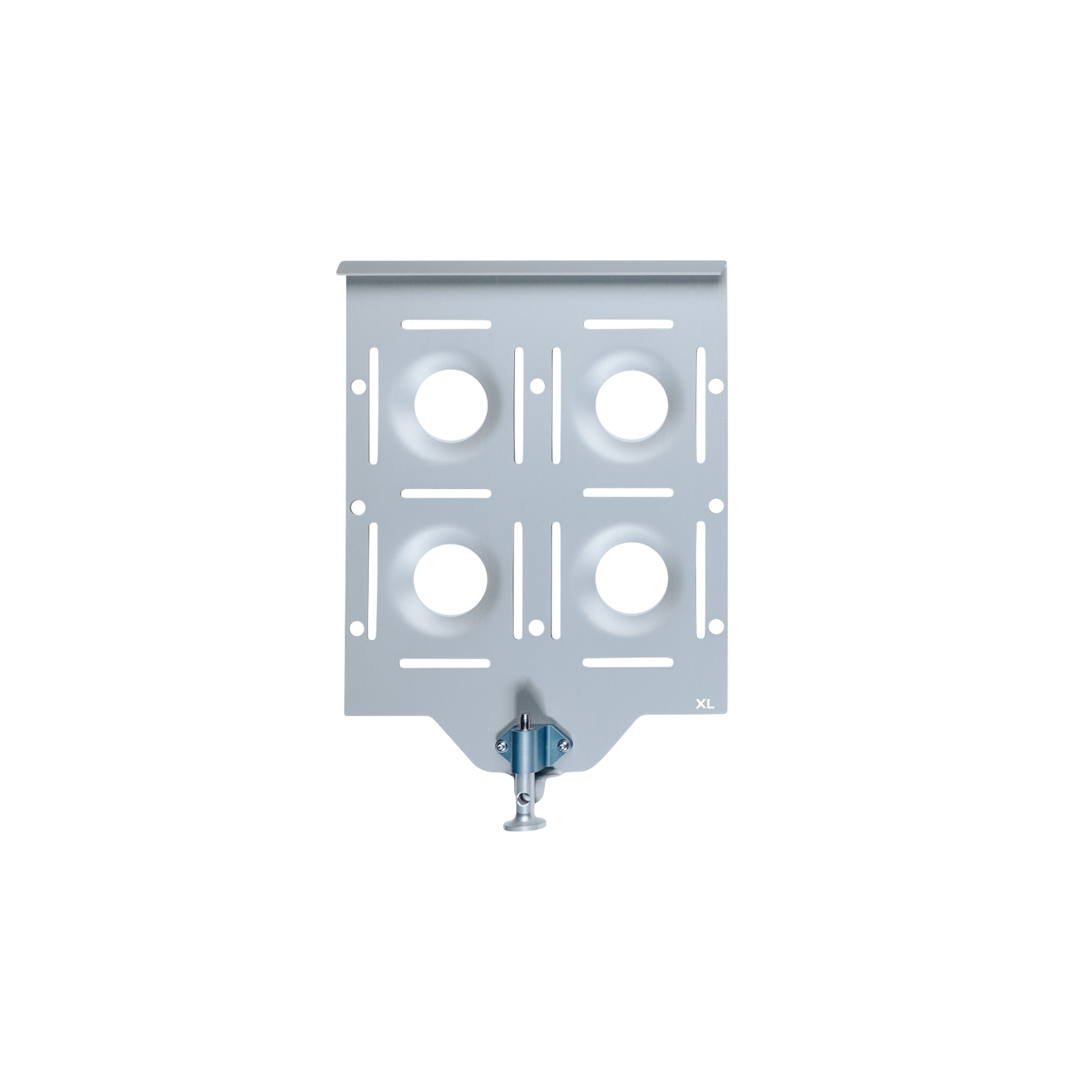 Silver aluminum XL base plate with multiple mounting slots and a quick-release clamp at the bottom.