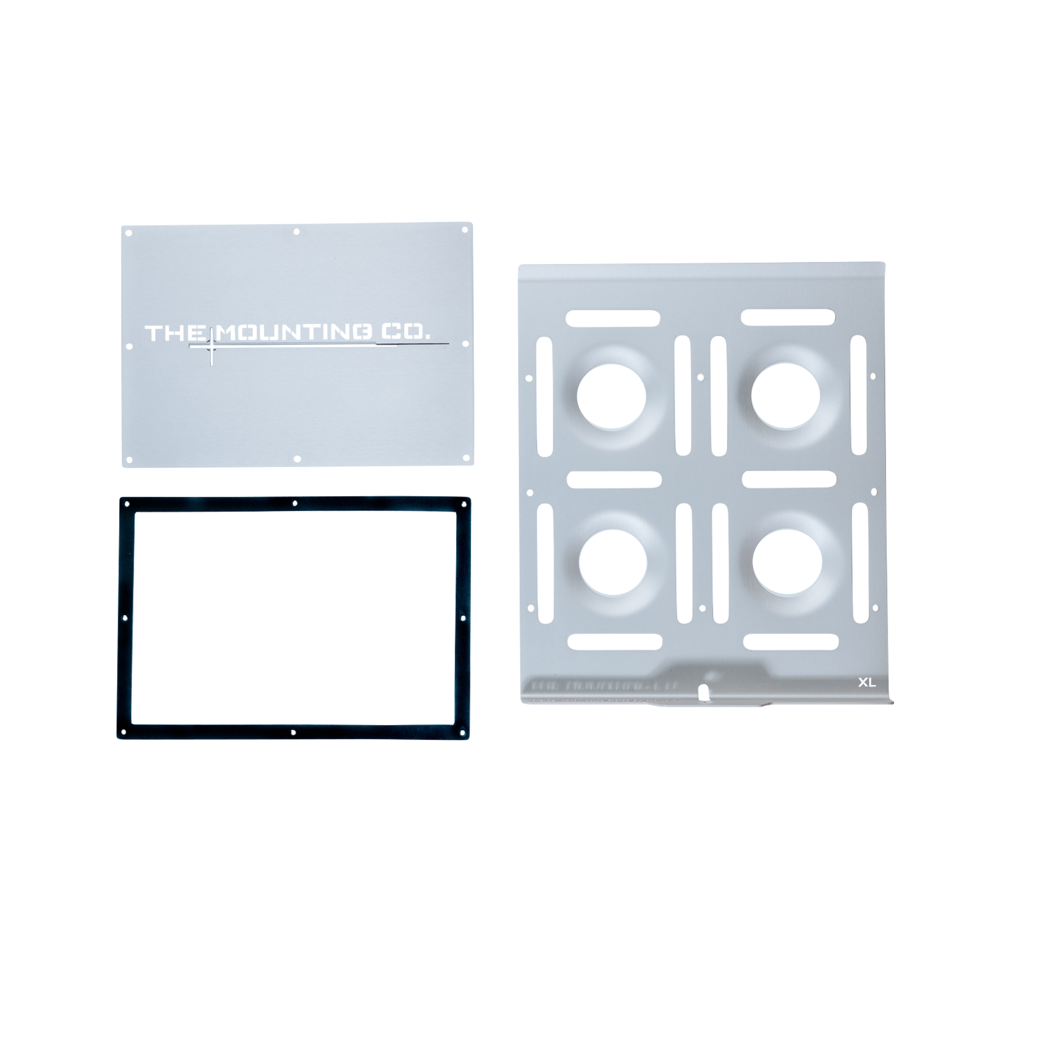 Three-piece aluminum XL mount plate kit with silver base, black frame, and silver cover plate with cutouts.