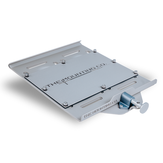 Silver aluminum XL Mount with quick-release lever and engraved branding.