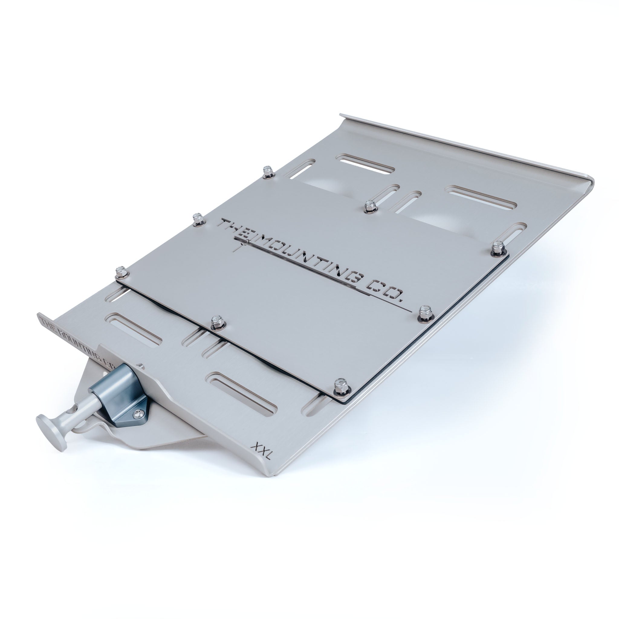 Silver aluminum quick-release XXL Mount plate with multiple slots and clamps.