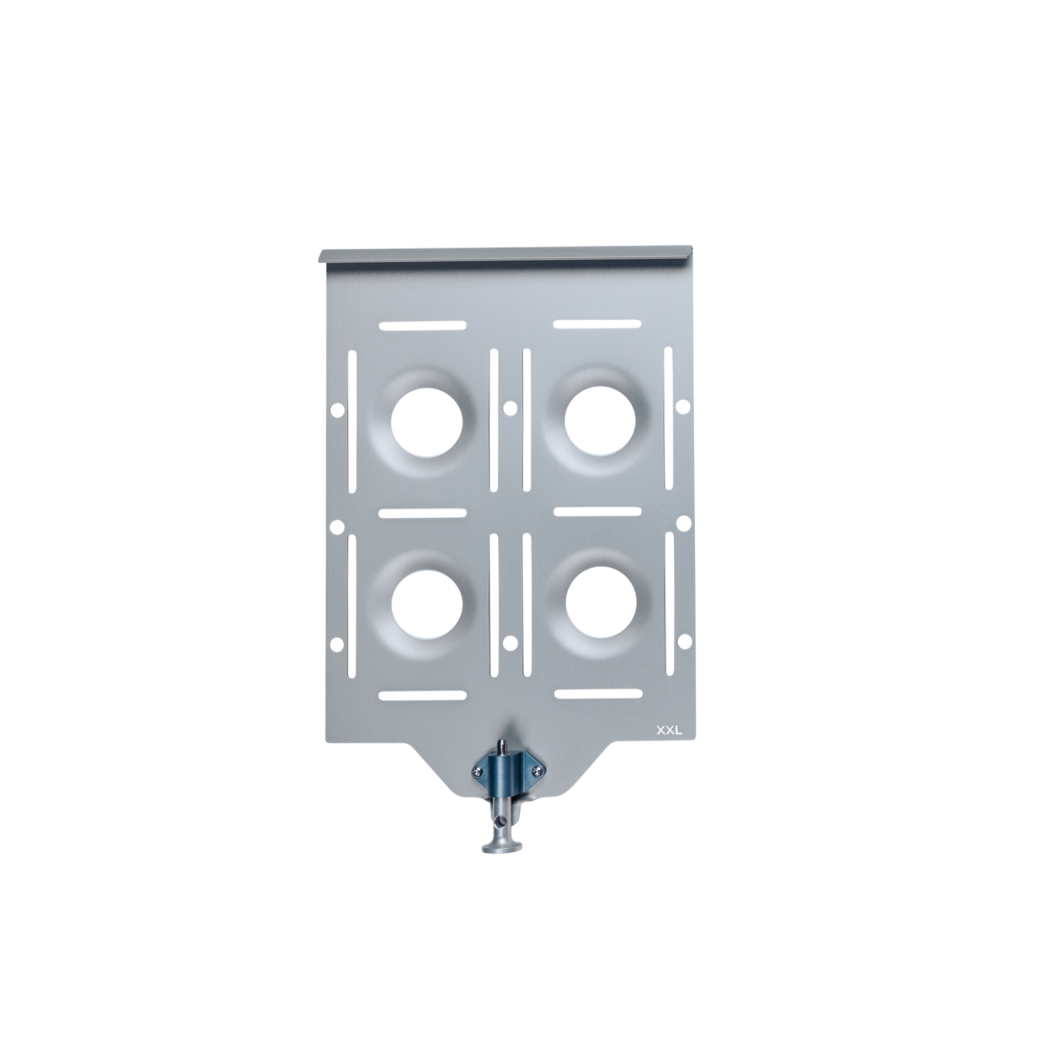 Silver aluminum XXL base plate with four circular slots and a blue quick-release latch at the bottom.