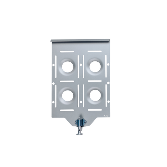 Silver aluminum XXL base plate with four circular slots and a blue quick-release latch at the bottom.