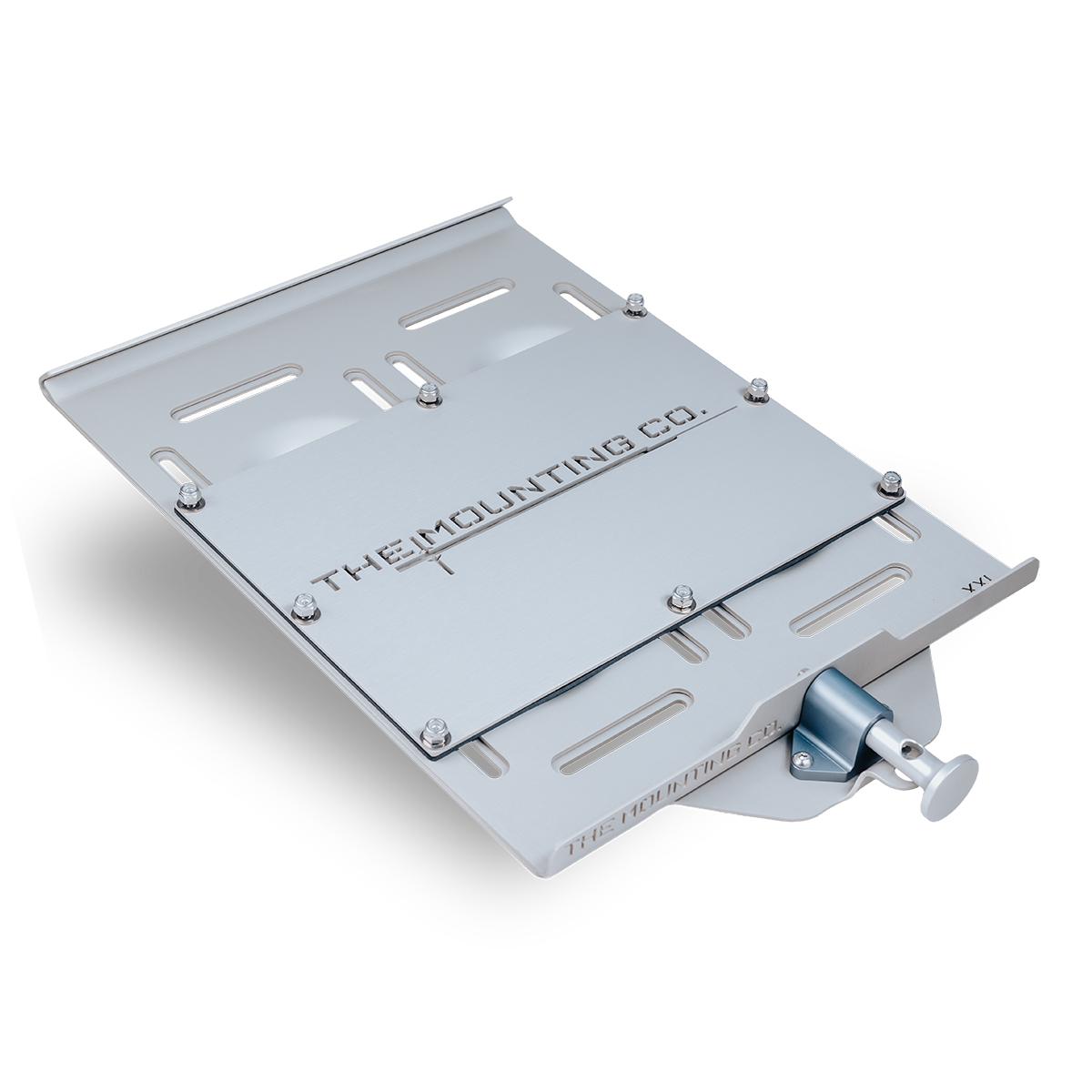 Silver aluminum XXL mount plate with quick-release lever and multiple slots for versatile attachment.